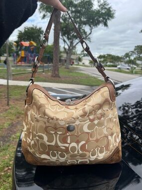 Coach Beige & Brown Signature Canvas Shoulder Bag